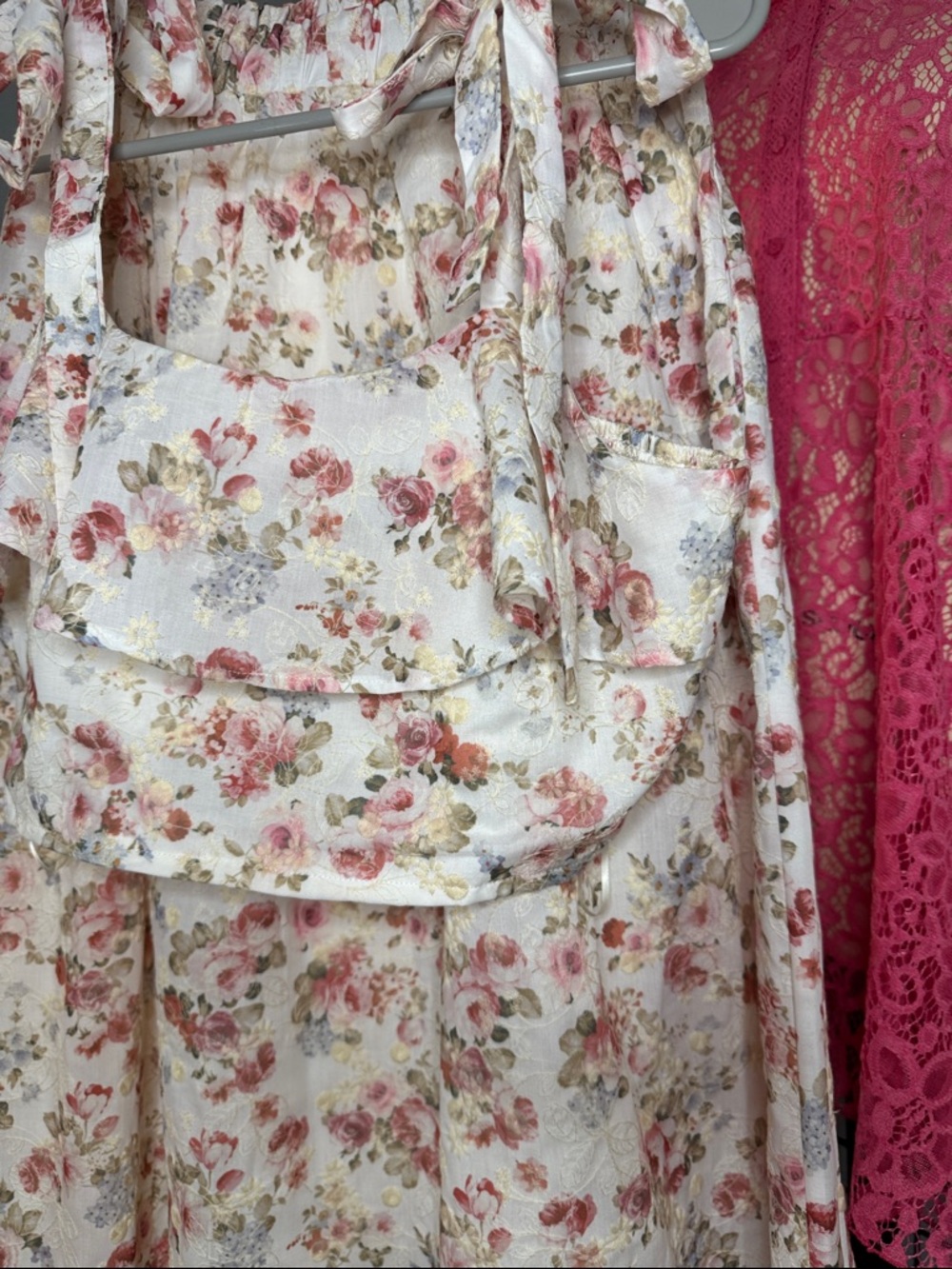 074 • Roses Print Cream Embroidery Floral Maxi Skirt Ruffle Crop Top Summer Set - Picture 7 of 11